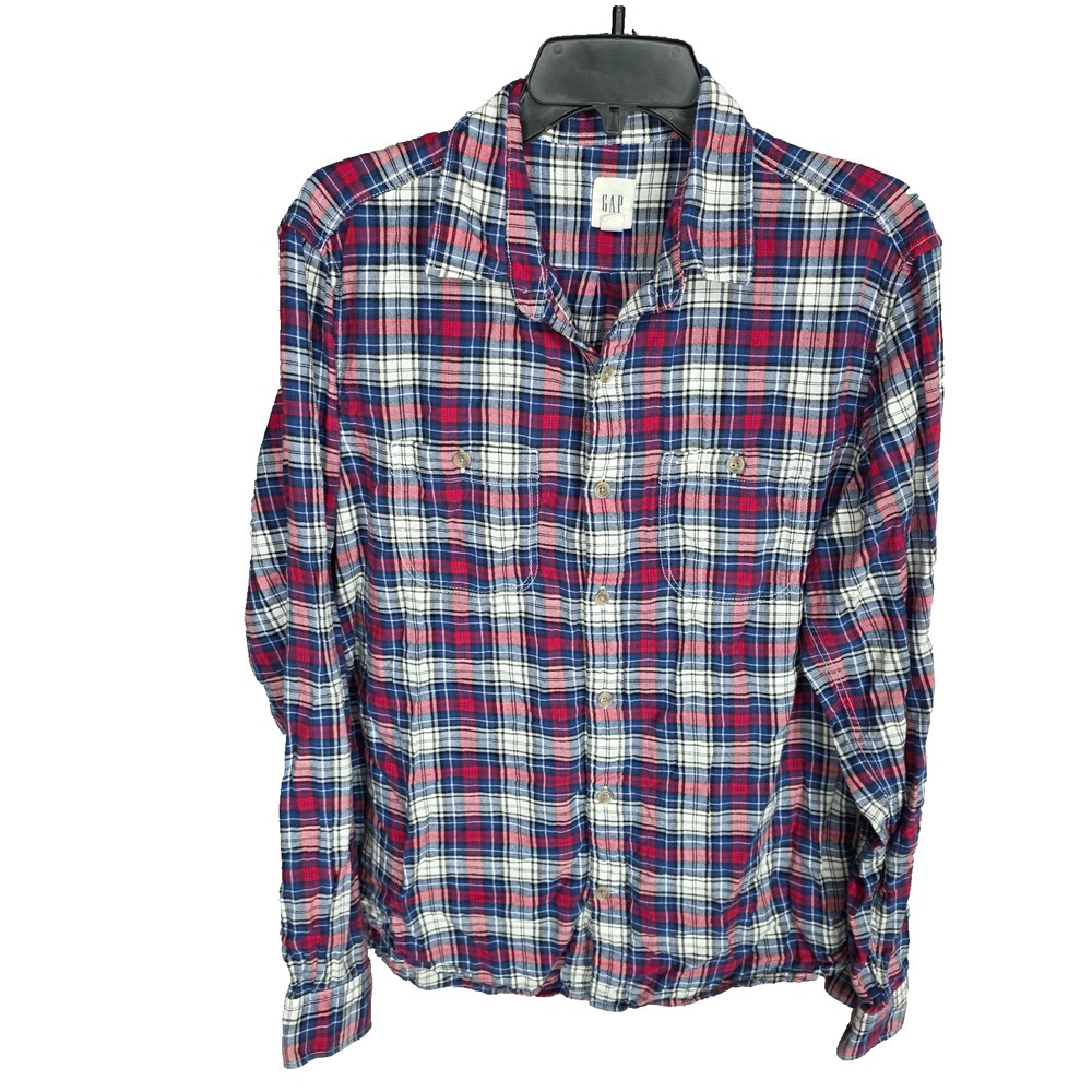 Gap Flannel Shirt Mens Medium Blue Red Plaid Button Up Long Sleeve Cotton